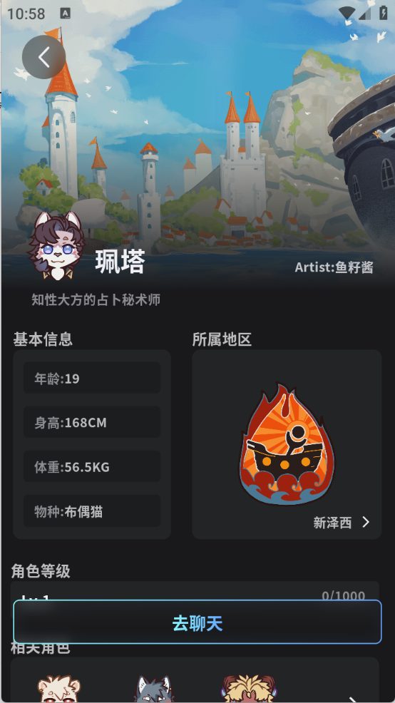 布偶猫角色珮塔的资料卡实拍，物种年龄与所属地区